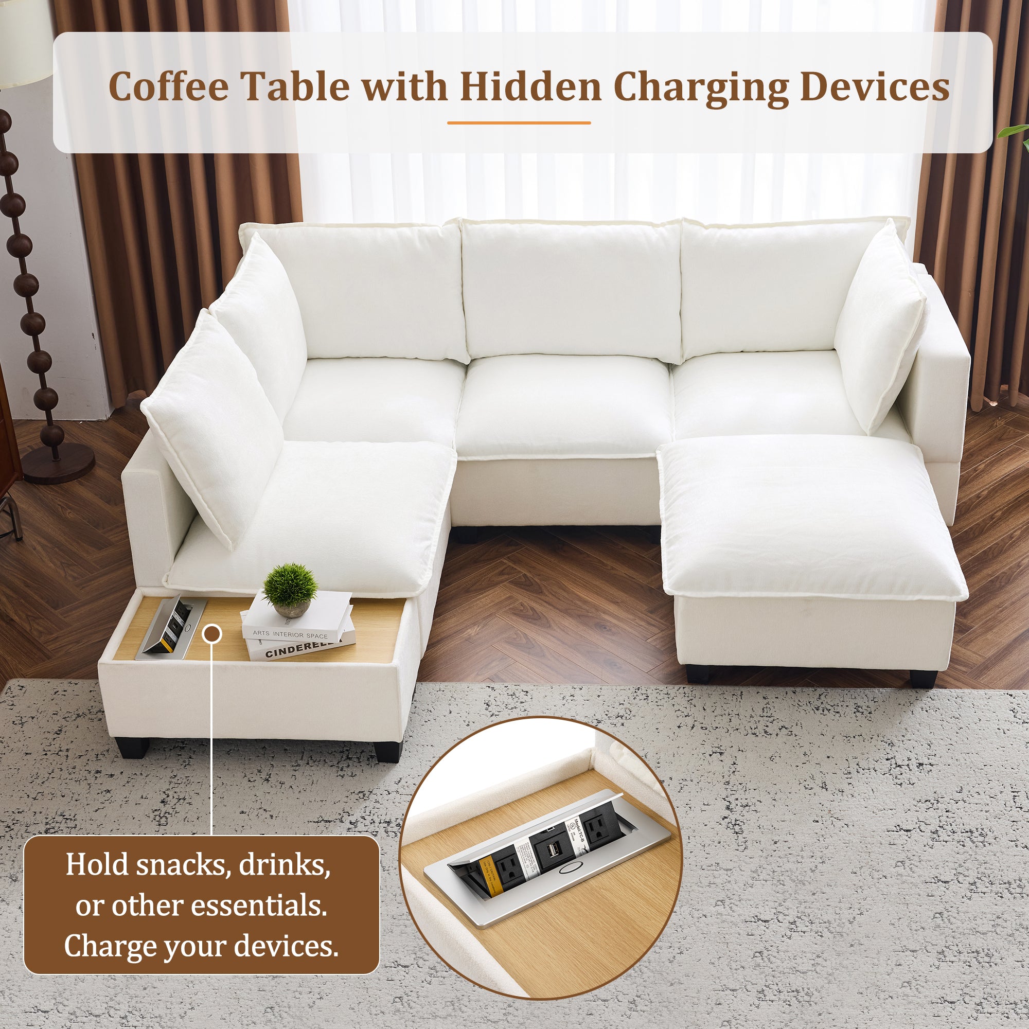 90' U-shaped Sectional Sofa Modular Sofa Couch with a Movable Ottoman , a Coffee Table with Hidden Charging Devices for Living Room, White