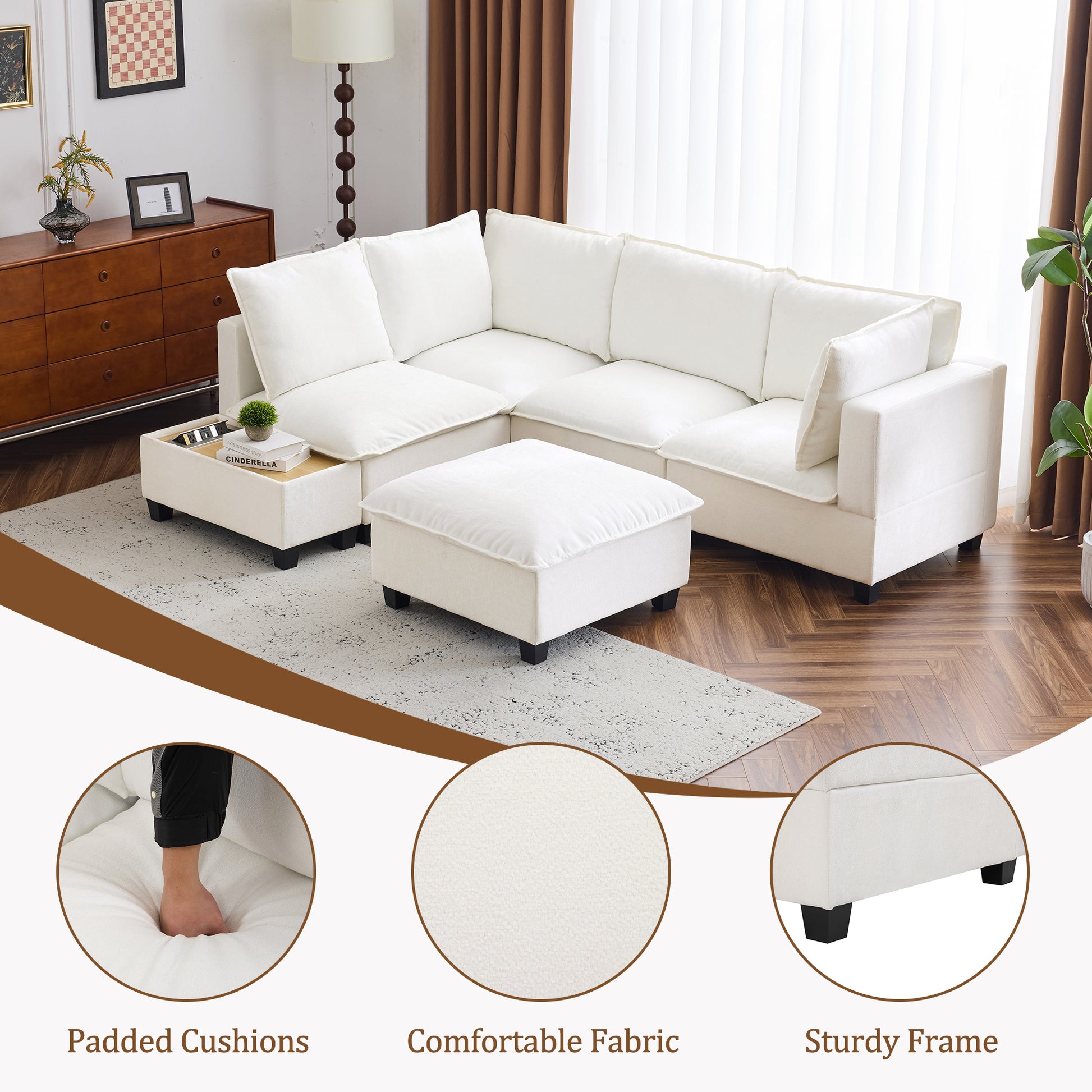 90' U-shaped Sectional Sofa Modular Sofa Couch with a Movable Ottoman , a Coffee Table with Hidden Charging Devices for Living Room, White