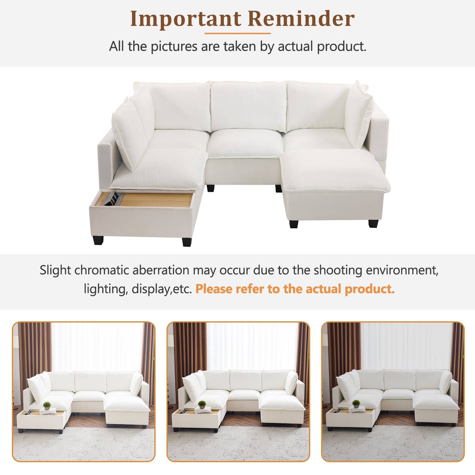 90' U-shaped Sectional Sofa Modular Sofa Couch with a Movable Ottoman , a Coffee Table with Hidden Charging Devices for Living Room, White