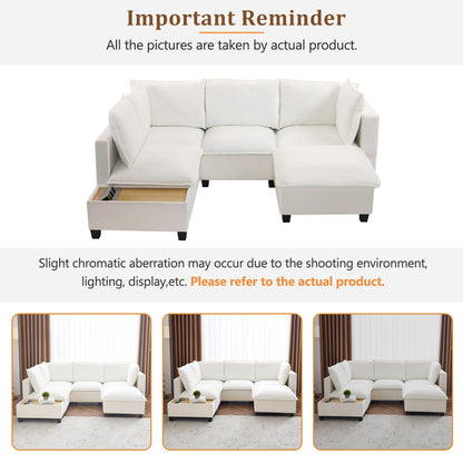 90' U-shaped Sectional Sofa Modular Sofa Couch with a Movable Ottoman , a Coffee Table with Hidden Charging Devices for Living Room, White