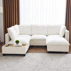 90' U-shaped Sectional Sofa Modular Sofa Couch with a Movable Ottoman , a Coffee Table with Hidden Charging Devices for Living Room, White