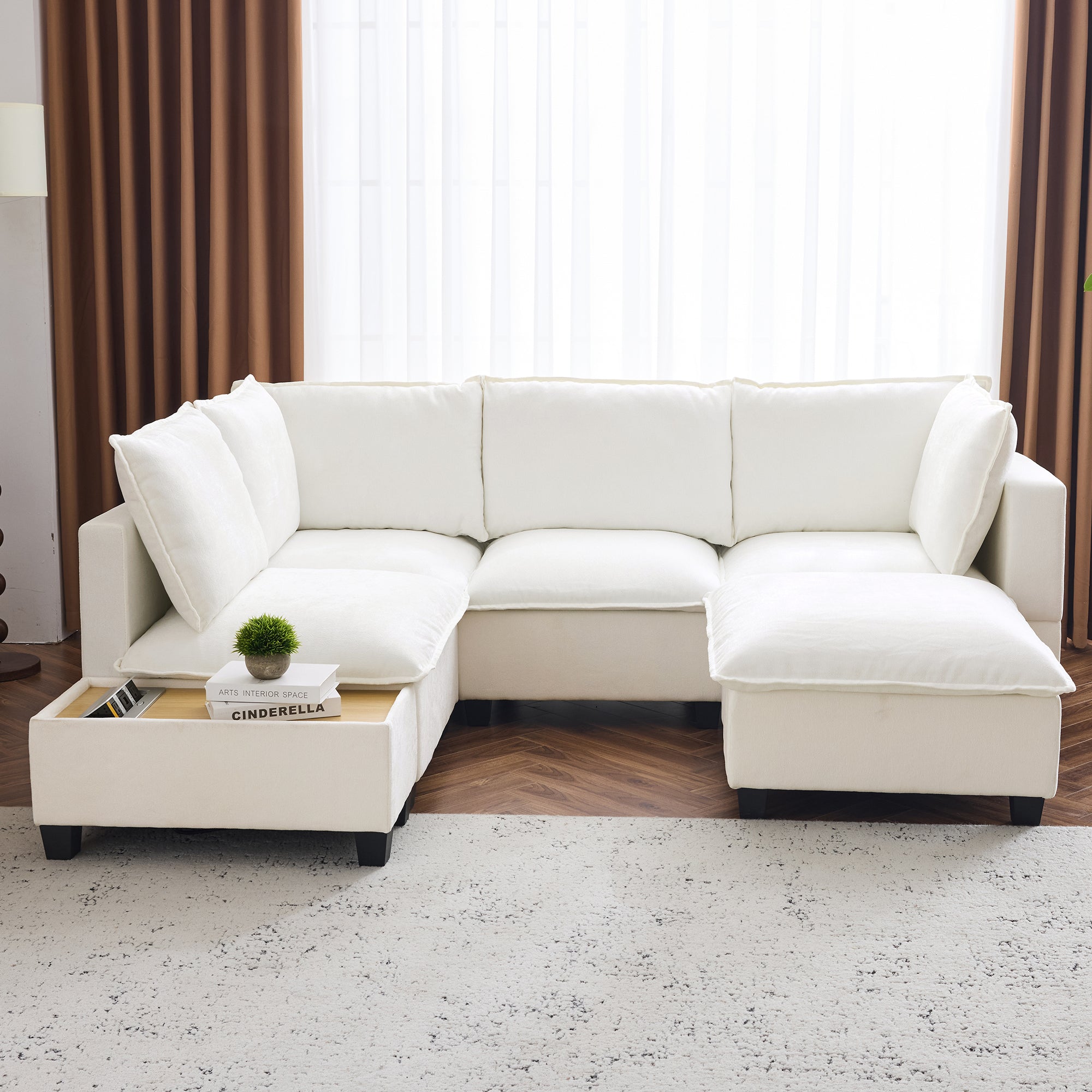90' U-shaped Sectional Sofa Modular Sofa Couch with a Movable Ottoman , a Coffee Table with Hidden Charging Devices for Living Room, White