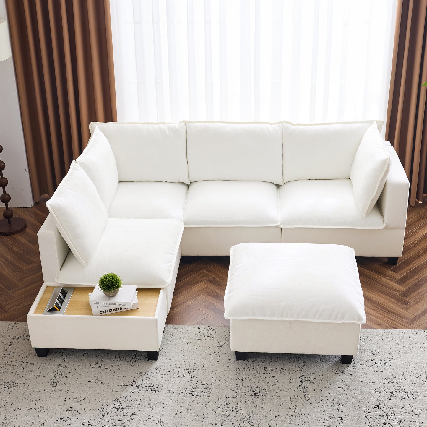 90' U-shaped Sectional Sofa Modular Sofa Couch with a Movable Ottoman , a Coffee Table with Hidden Charging Devices for Living Room, White