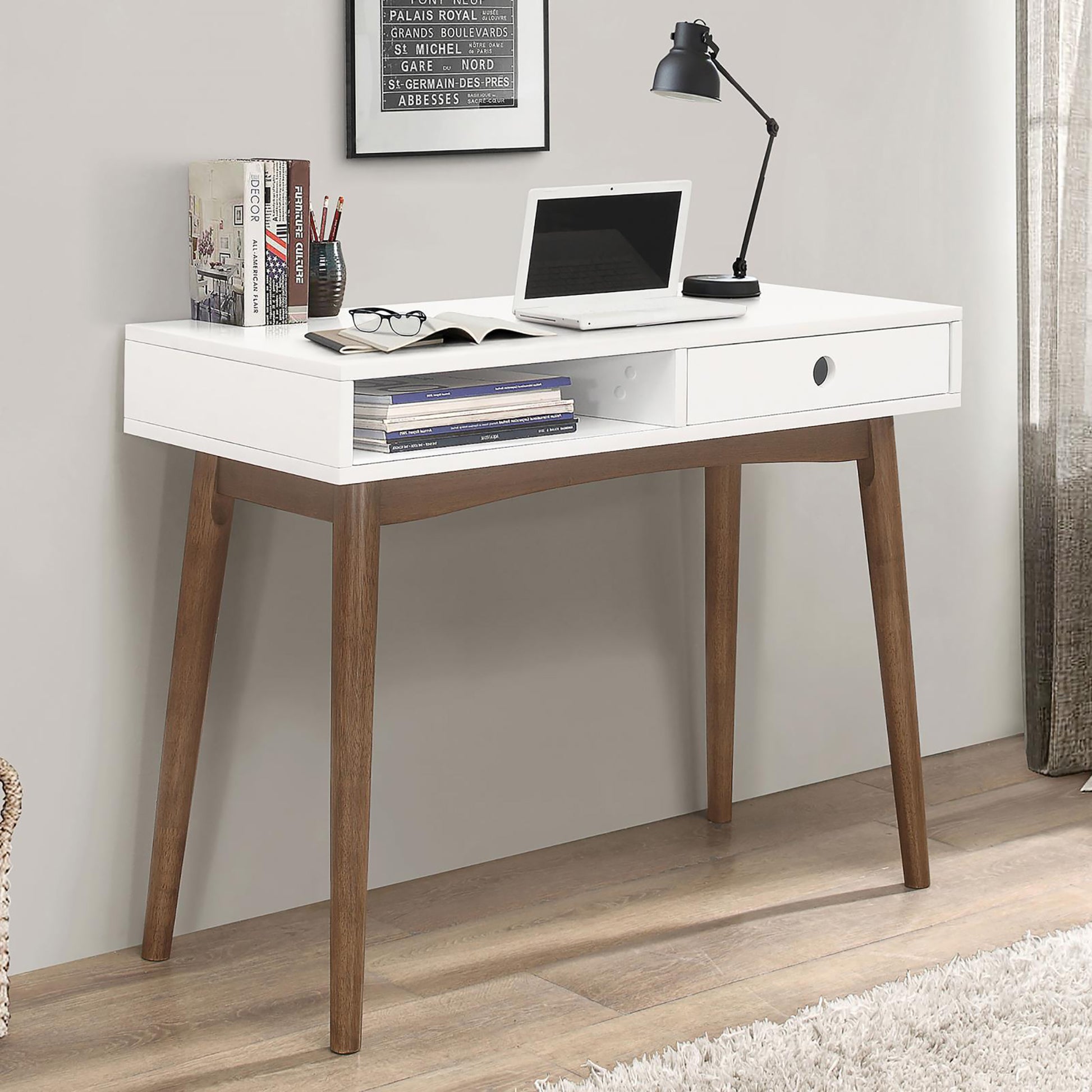 White and Walnut 1-Drawer Writing Desk