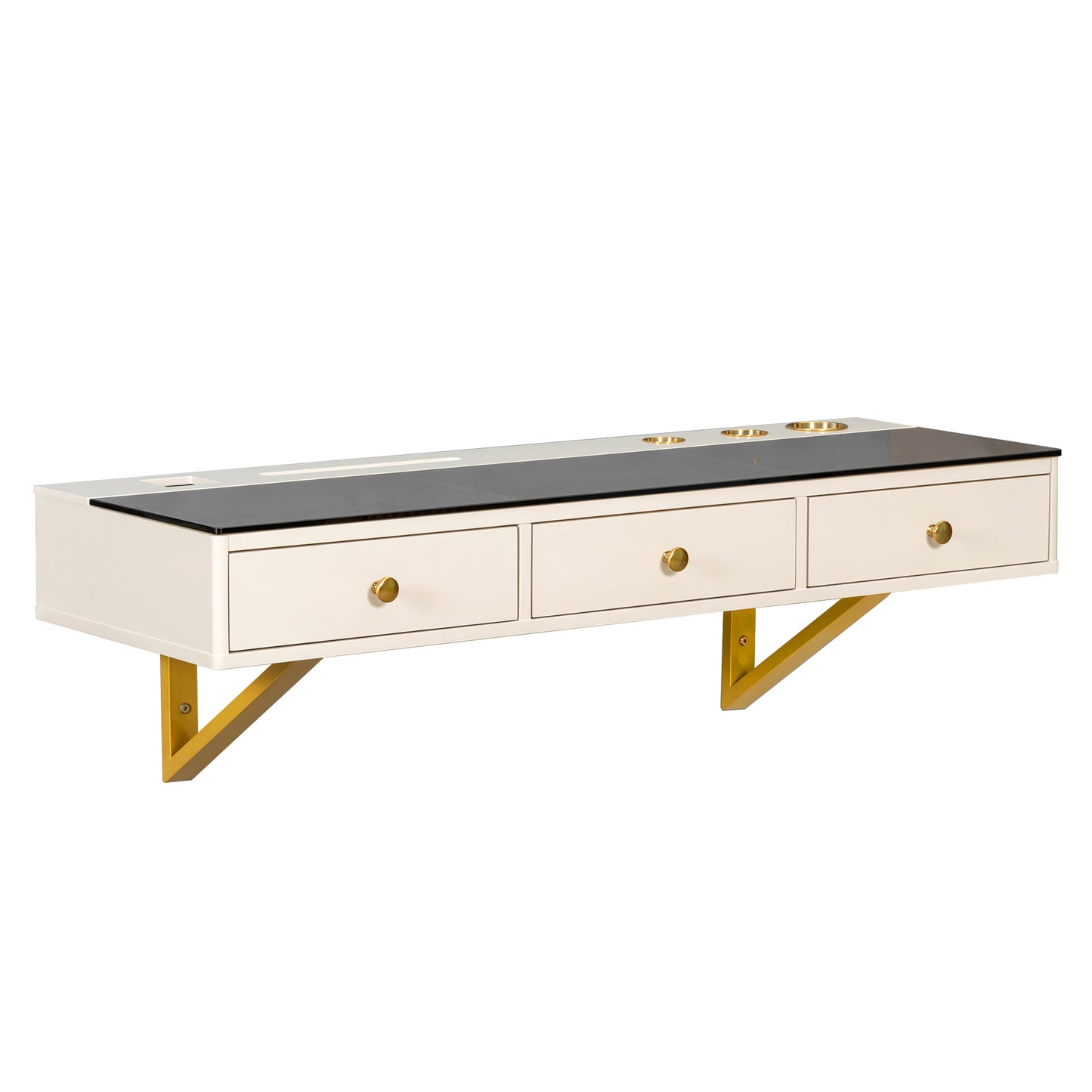 GO 47' Floating Shelf with Drawer, Multi-Purpose Wall-Mounted Vanity Table, Mounted Desk, Floating Table for Bedroom, Bathroom, Hairdressers, White and Golden