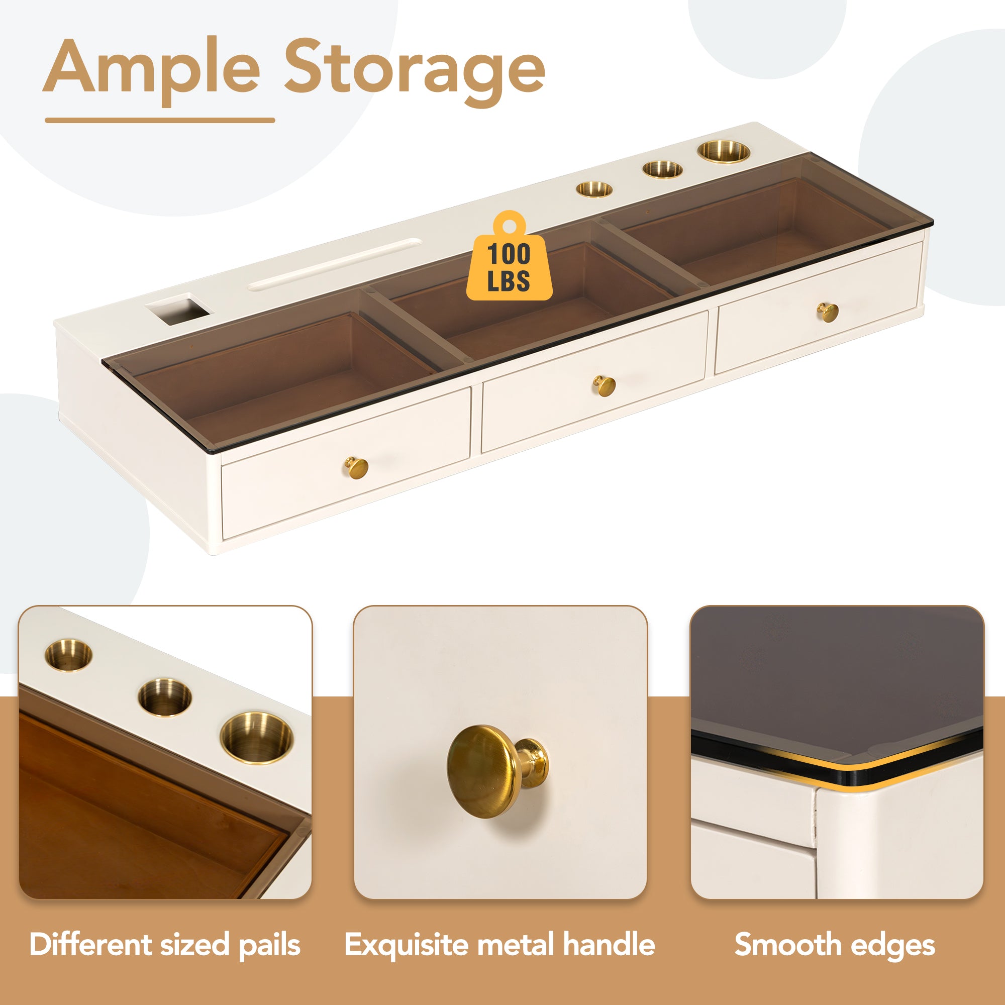 GO 47' Floating Shelf with Drawer, Multi-Purpose Wall-Mounted Vanity Table, Mounted Desk, Floating Table for Bedroom, Bathroom, Hairdressers, White and Golden