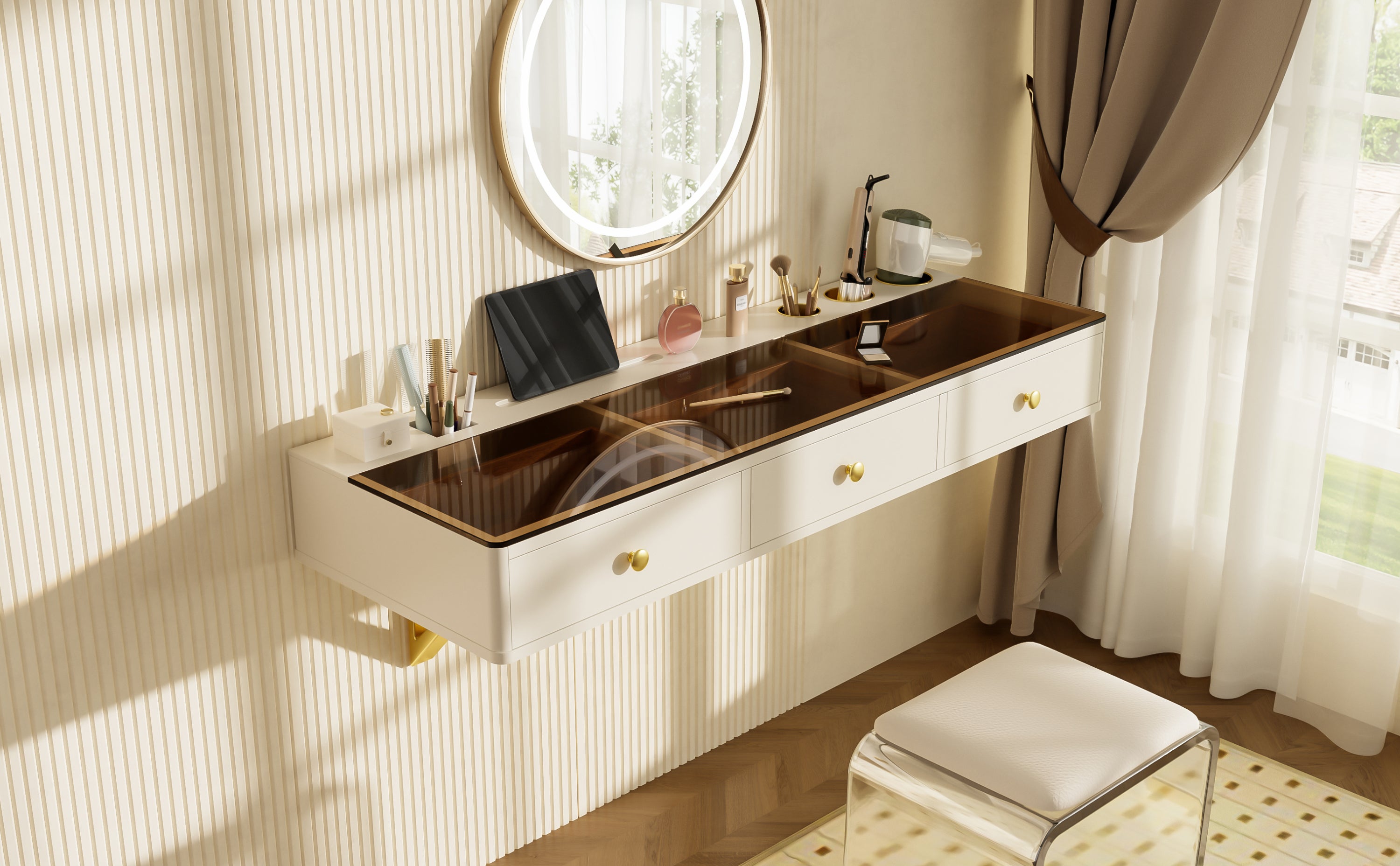 GO 47' Floating Shelf with Drawer, Multi-Purpose Wall-Mounted Vanity Table, Mounted Desk, Floating Table for Bedroom, Bathroom, Hairdressers, White and Golden