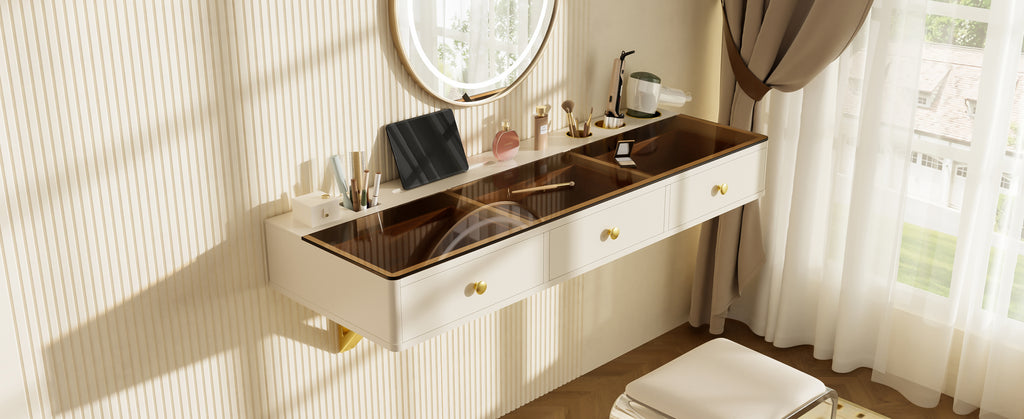 GO 47' Floating Shelf with Drawer, Multi-Purpose Wall-Mounted Vanity Table, Mounted Desk, Floating Table for Bedroom, Bathroom, Hairdressers, White and Golden