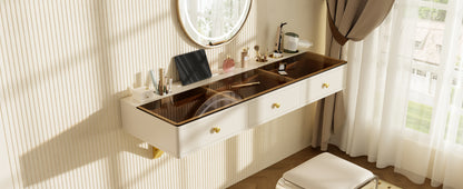 GO 47' Floating Shelf with Drawer, Multi-Purpose Wall-Mounted Vanity Table, Mounted Desk, Floating Table for Bedroom, Bathroom, Hairdressers, White and Golden