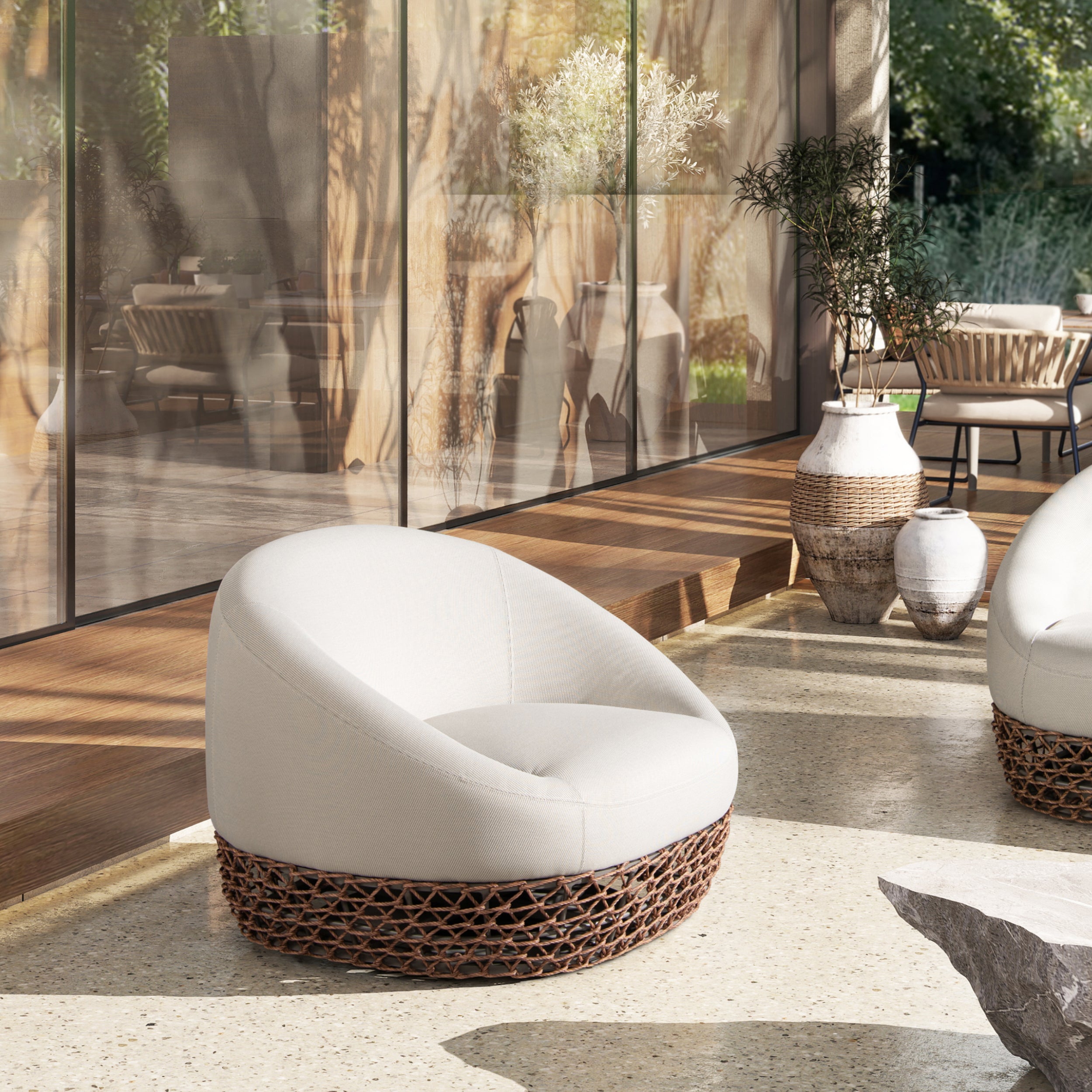 Willow 35.5' Upholstered Woven Patio Deep Seating Armchair, Golden Brown Wicker Frame, Wheat Beige