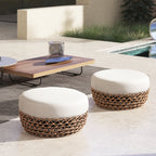 Willow 25' Round Upholstered Woven Patio Ottoman, Golden Brown Wicker Frame, Wheat Beige