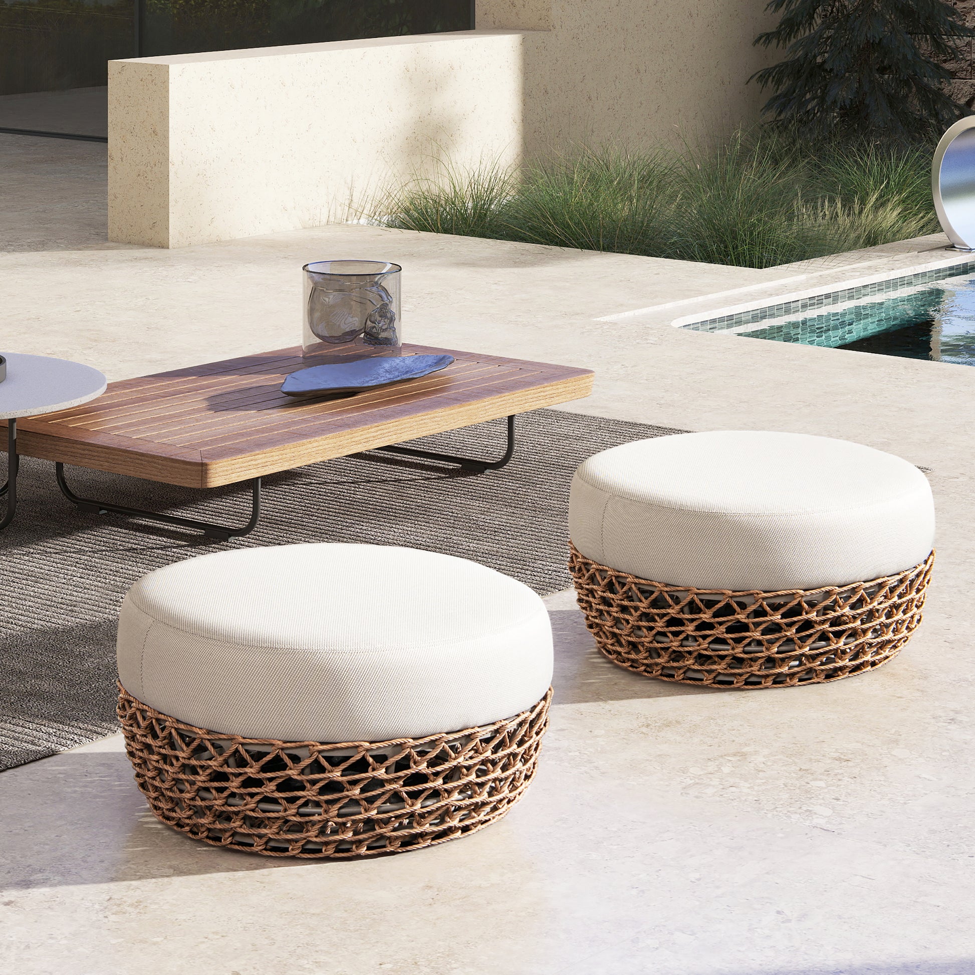Willow 25' Round Upholstered Woven Patio Ottoman, Golden Brown Wicker Frame, Wheat Beige