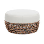 Willow 25' Round Upholstered Woven Patio Ottoman, Golden Brown Wicker Frame, Wheat Beige
