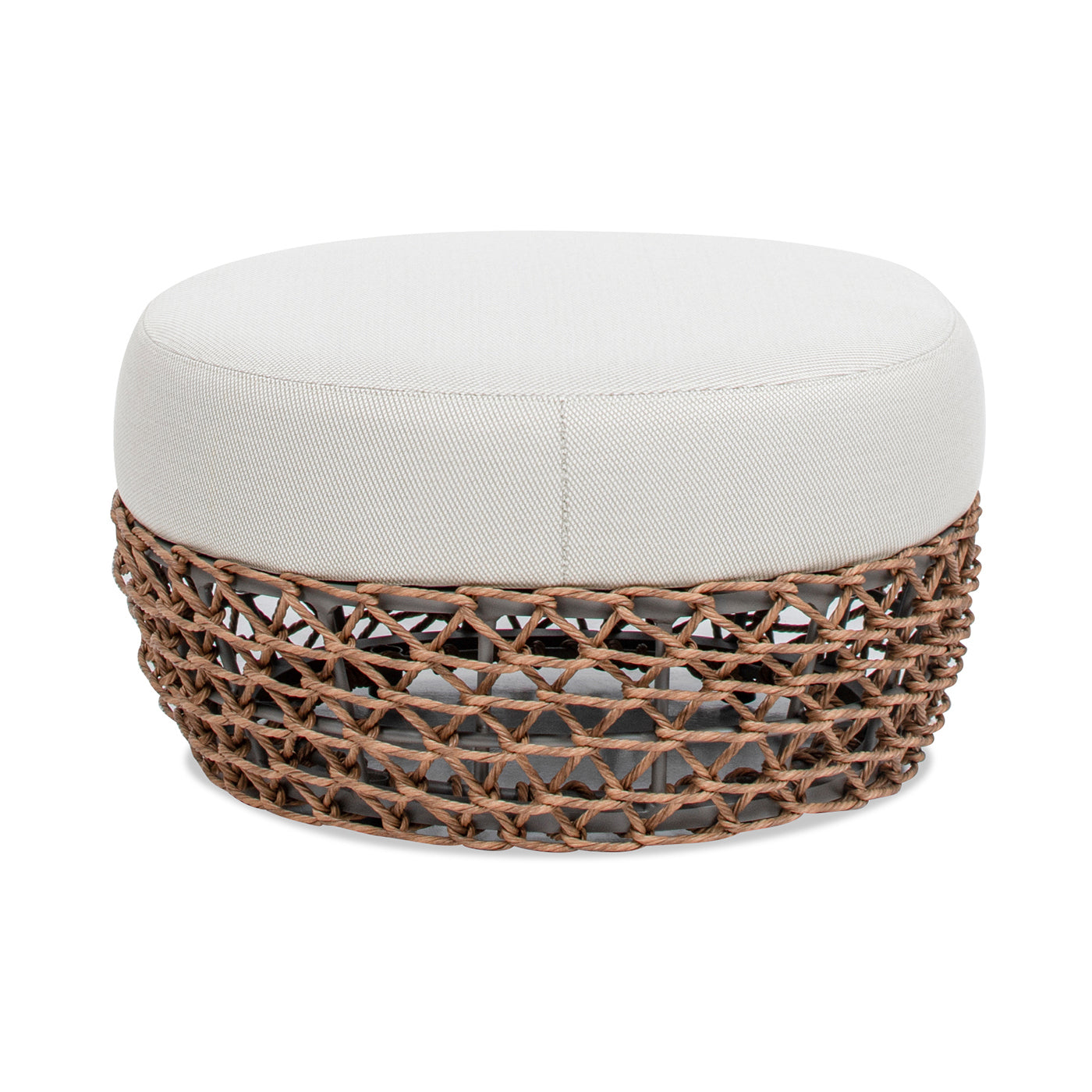 Willow 25' Round Upholstered Woven Patio Ottoman, Golden Brown Wicker Frame, Wheat Beige