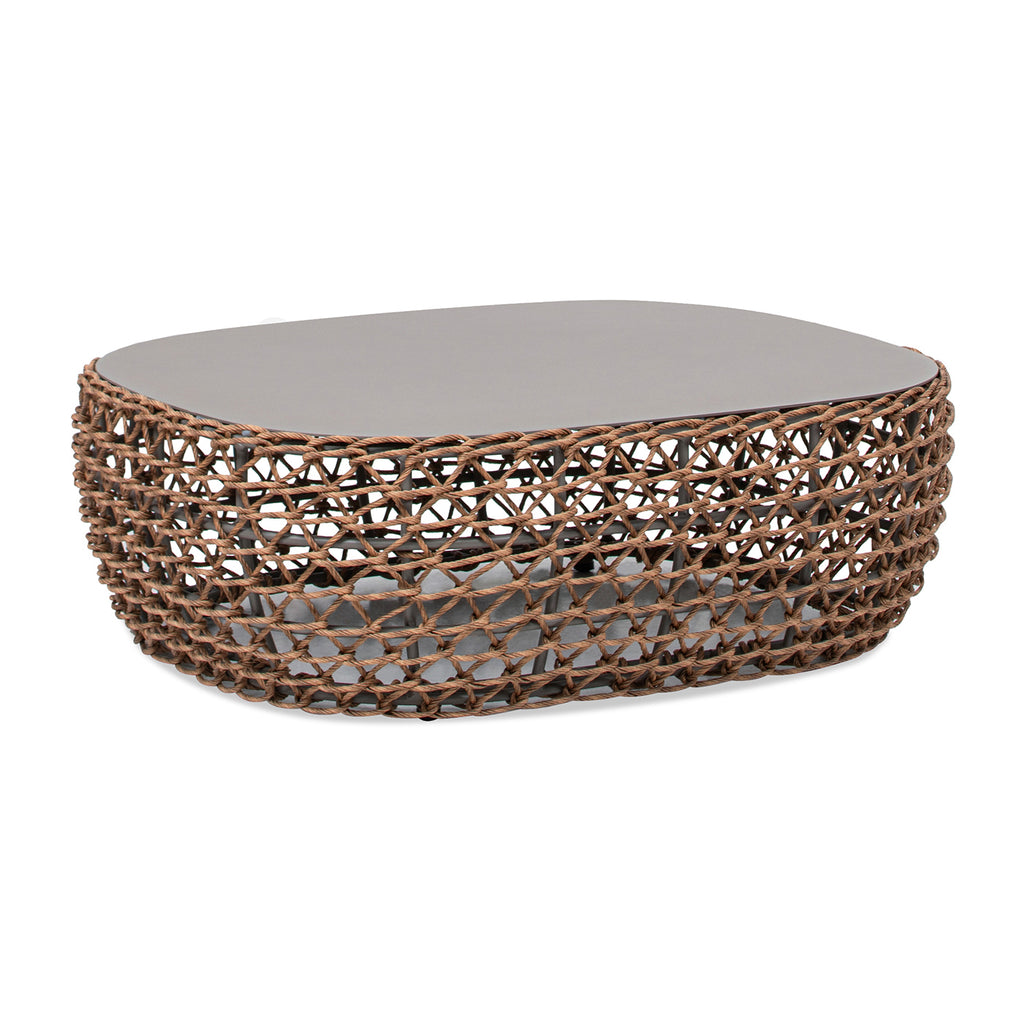 Willow 40.5' Oval Woven Patio Coffee Table, Golden Brown Wicker Frame, Wheat Beige