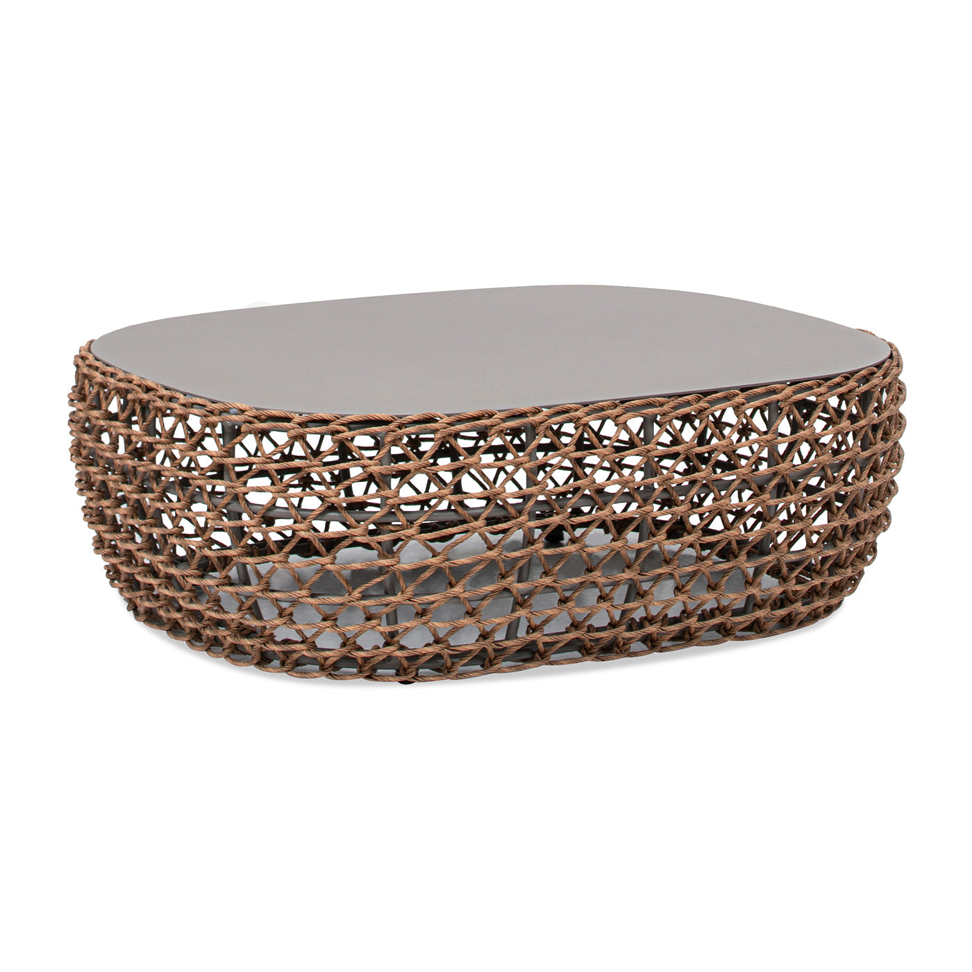 Willow 40.5' Oval Woven Patio Coffee Table, Golden Brown Wicker Frame, Wheat Beige