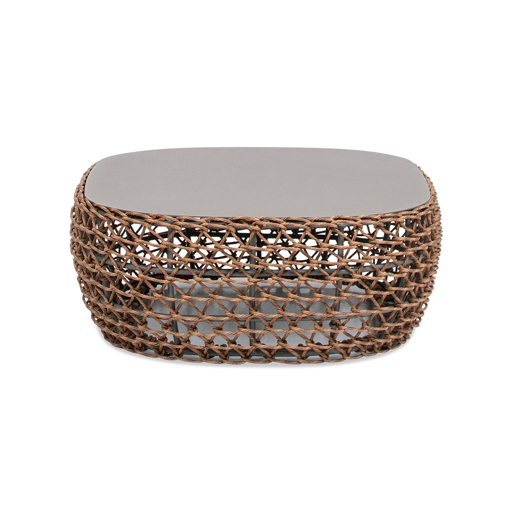 Willow 40.5' Oval Woven Patio Coffee Table, Golden Brown Wicker Frame, Wheat Beige