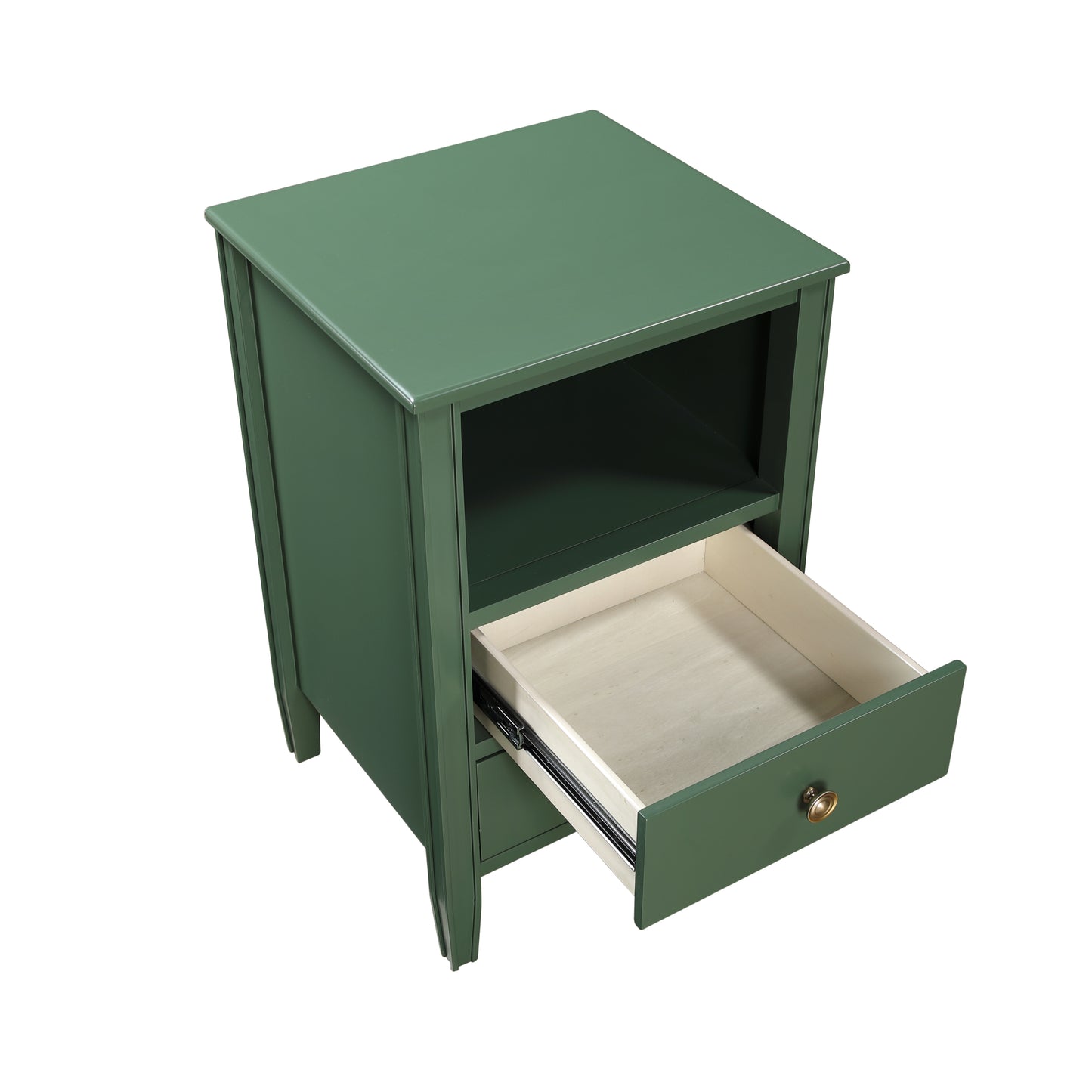 Winston 2-Drawer Storage Nightstand in Vintage Green with Brushed Gold Knobs and Fluted Tapered Legs