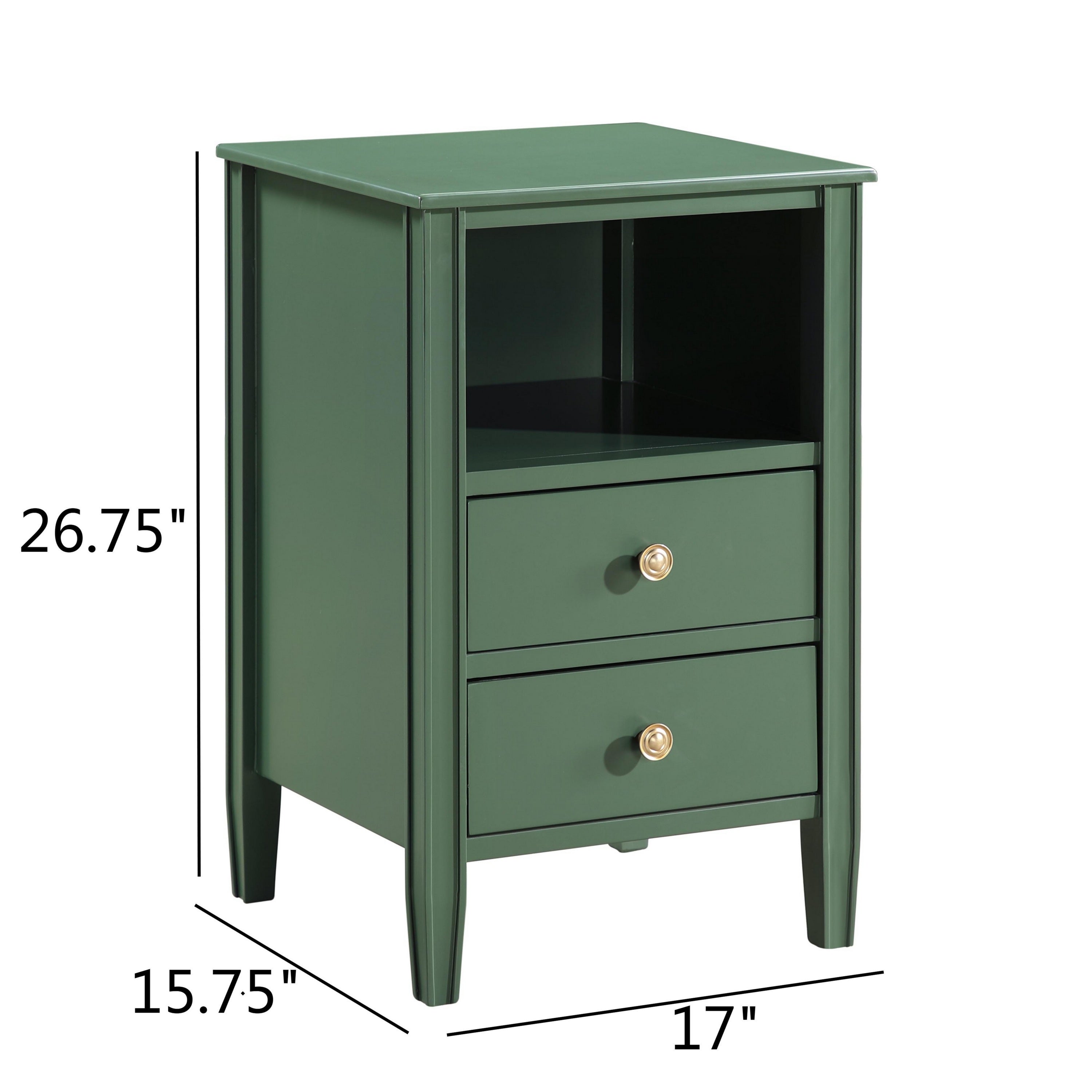Winston 2-Drawer Storage Nightstand in Vintage Green with Brushed Gold Knobs and Fluted Tapered Legs