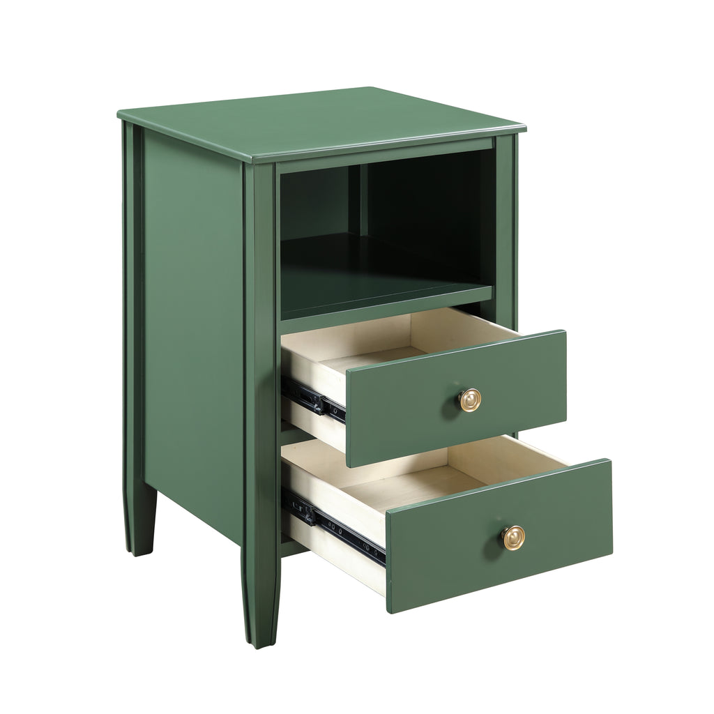 Winston 2-Drawer Storage Nightstand in Vintage Green with Brushed Gold Knobs and Fluted Tapered Legs