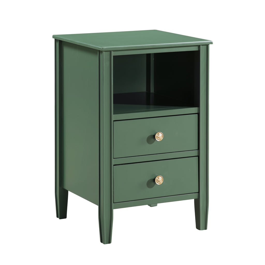 Winston 2-Drawer Storage Nightstand in Vintage Green with Brushed Gold Knobs and Fluted Tapered Legs