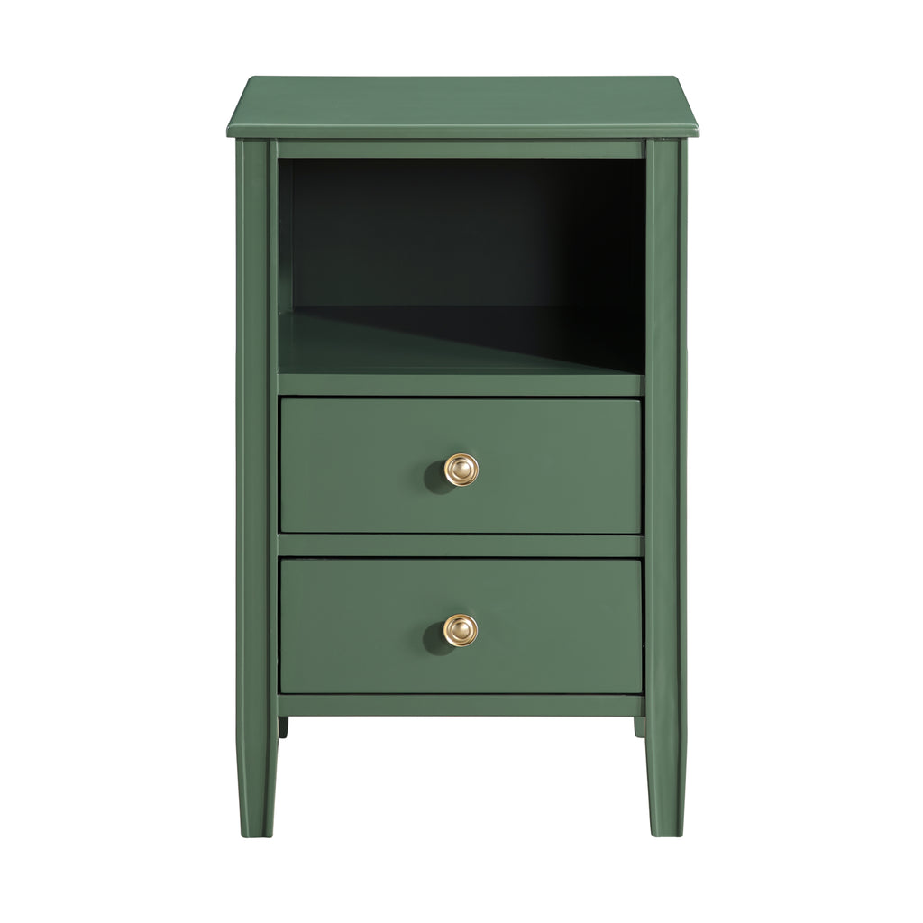 Winston 2-Drawer Storage Nightstand in Vintage Green with Brushed Gold Knobs and Fluted Tapered Legs