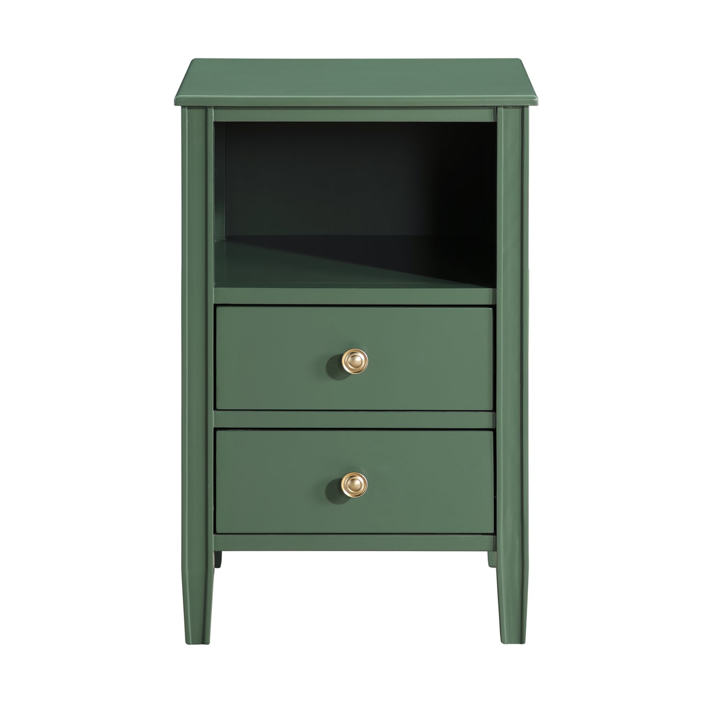 Winston 2-Drawer Storage Nightstand in Vintage Green with Brushed Gold Knobs and Fluted Tapered Legs