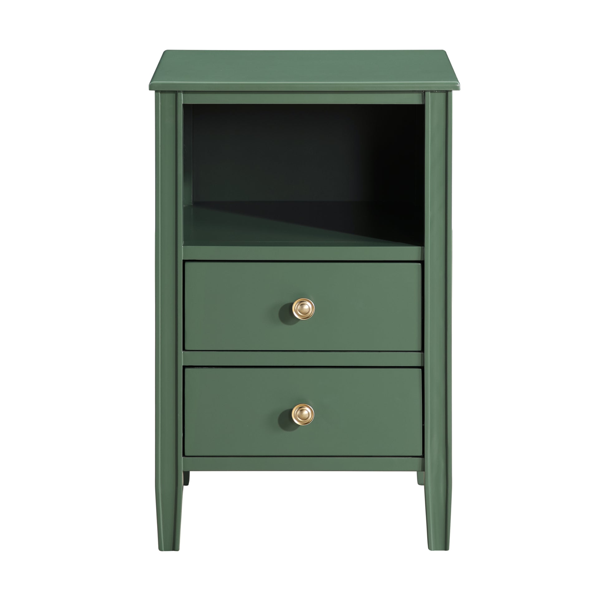 Winston 2-Drawer Storage Nightstand in Vintage Green with Brushed Gold Knobs and Fluted Tapered Legs
