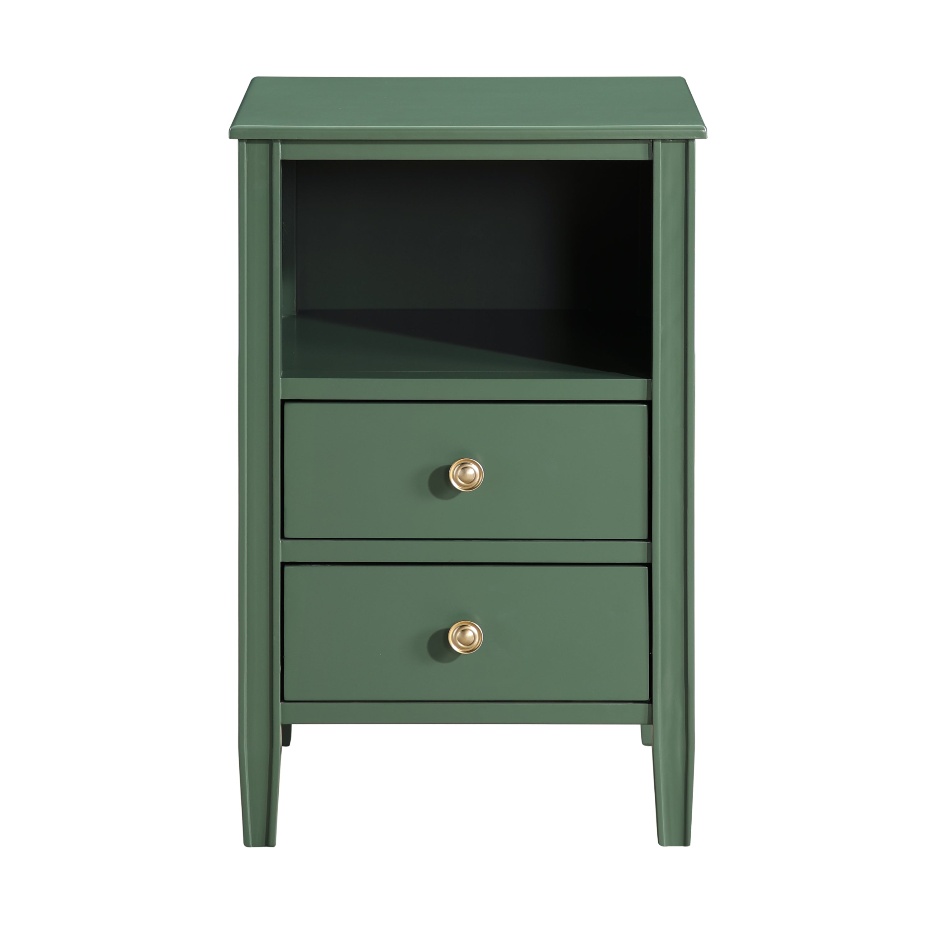 Winston 2-Drawer Storage Nightstand in Vintage Green with Brushed Gold Knobs and Fluted Tapered Legs