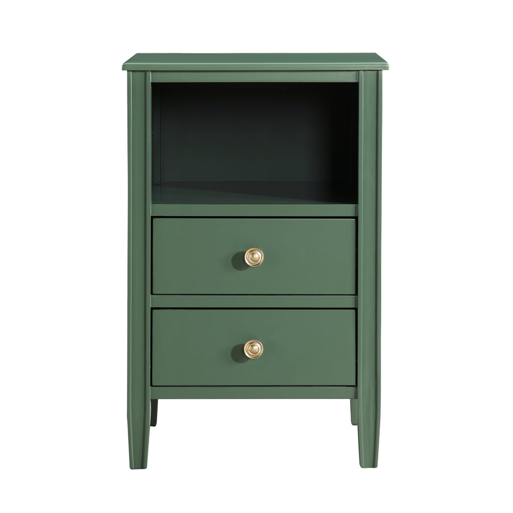 Winston 2-Drawer Storage Nightstand in Vintage Green with Brushed Gold Knobs and Fluted Tapered Legs