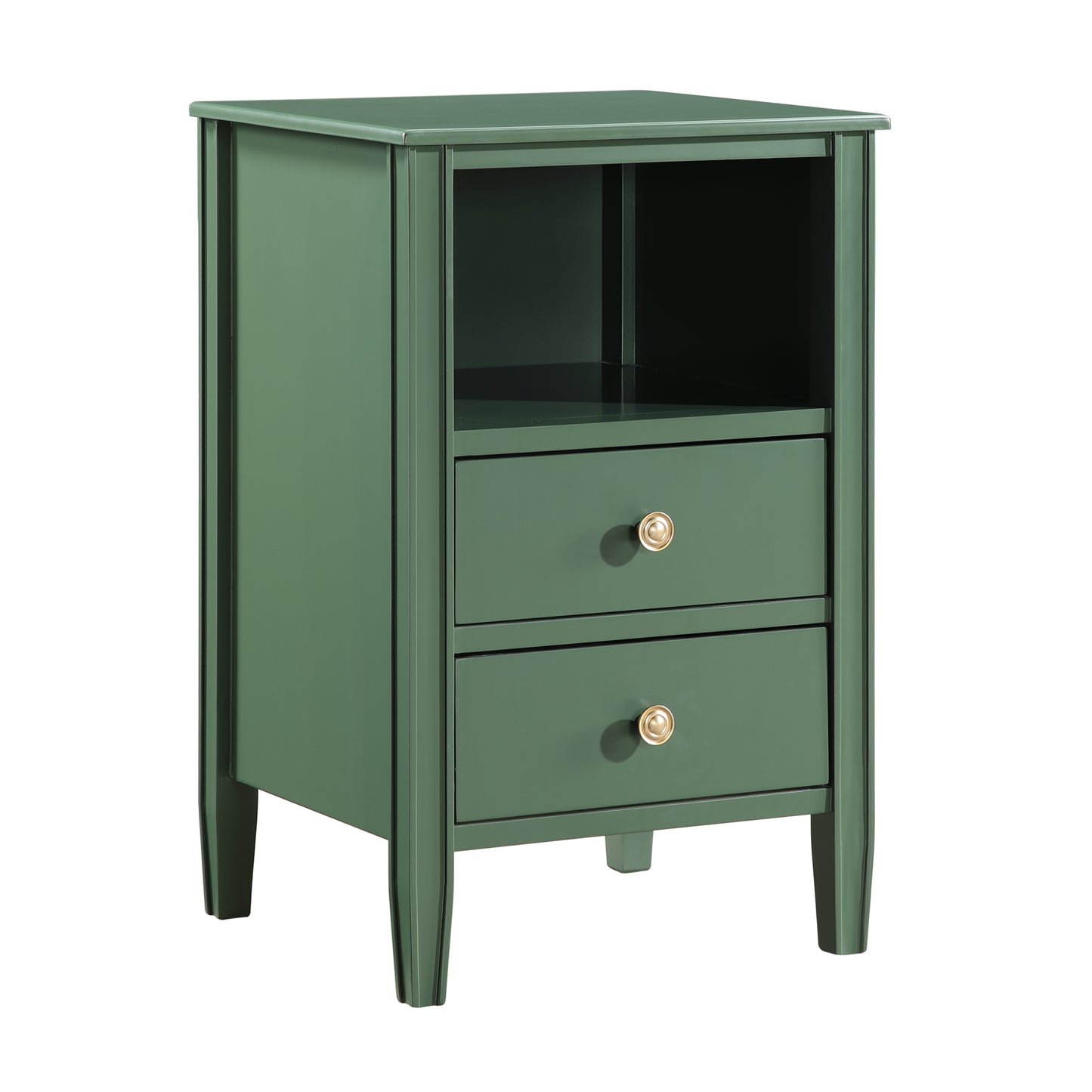 Winston 2-Drawer Storage Nightstand in Vintage Green with Brushed Gold Knobs and Fluted Tapered Legs
