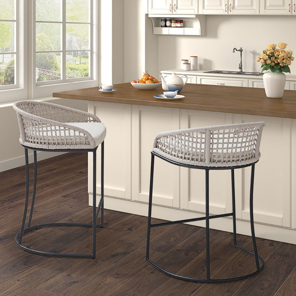Woven Counter Stool with Upholstered Seat Natural Metal Bar Stools