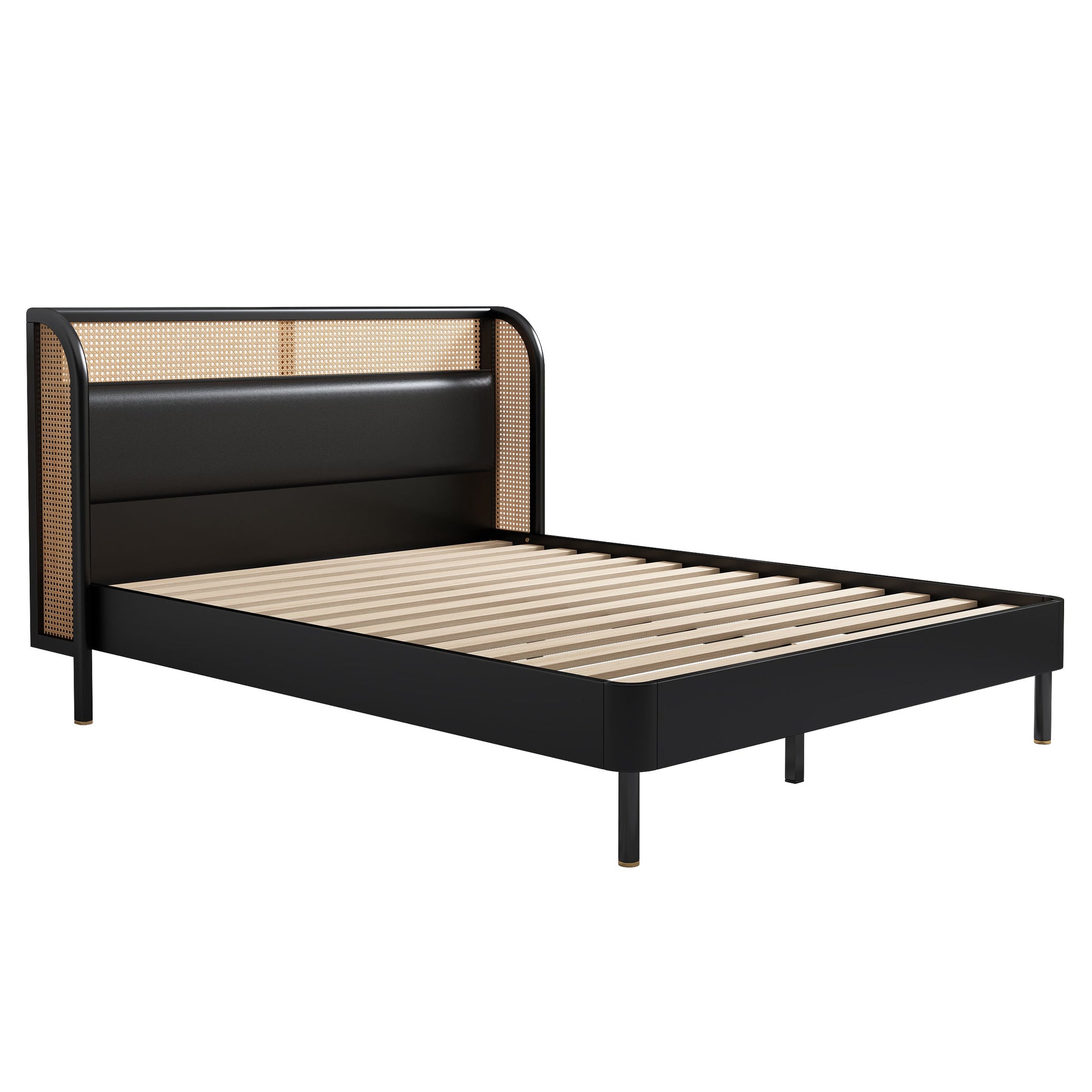 Yara 3 Pieces Modern Cannage Rattan Platform Queen Bed + Nightstands (2) Set
