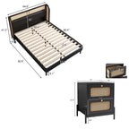 Yara 3 Pieces Modern Cannage Rattan Platform Queen Bed + Nightstands (2) Set