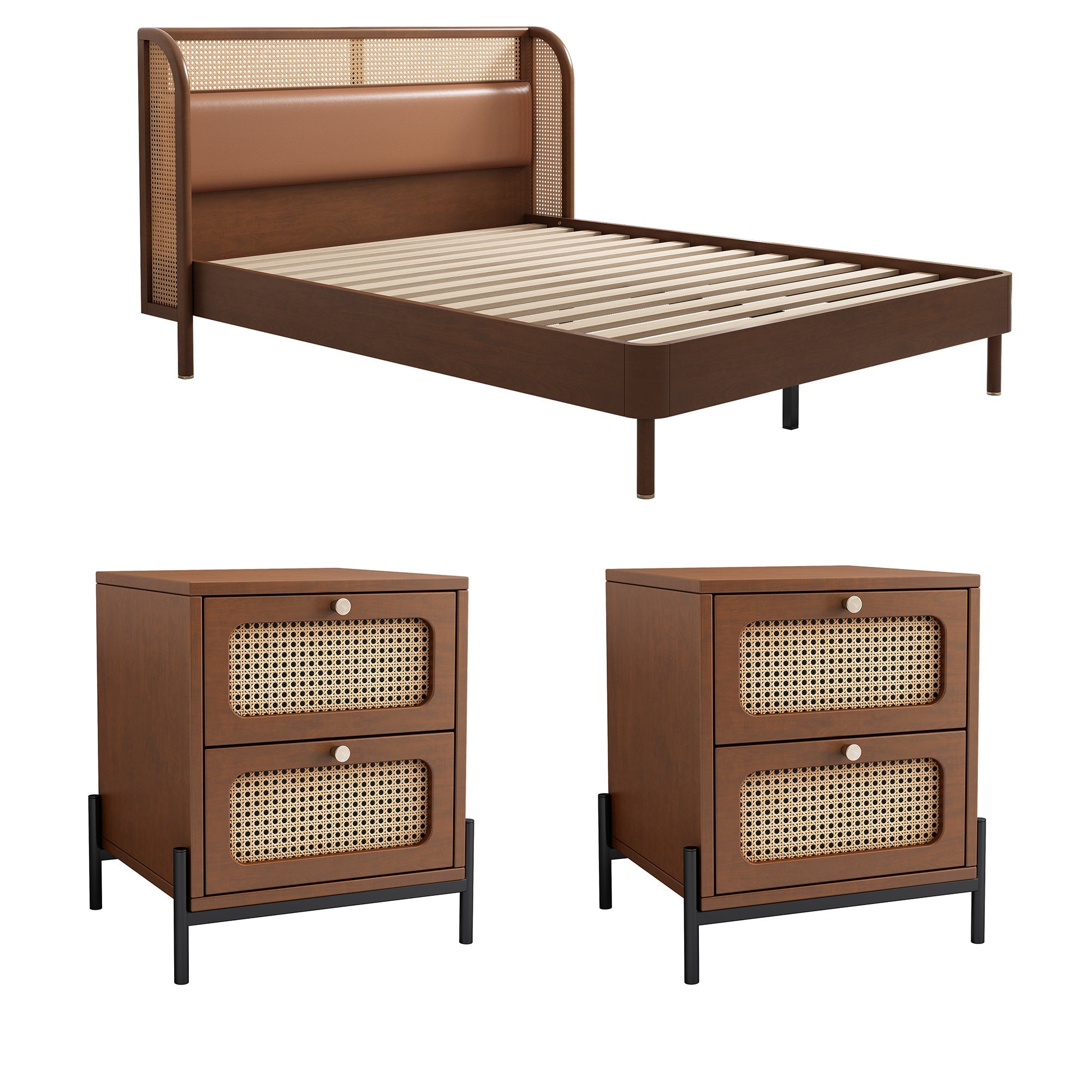 Yara 3 Pieces Modern Cannage Rattan Platform Queen Bed + Nightstands (2) Set