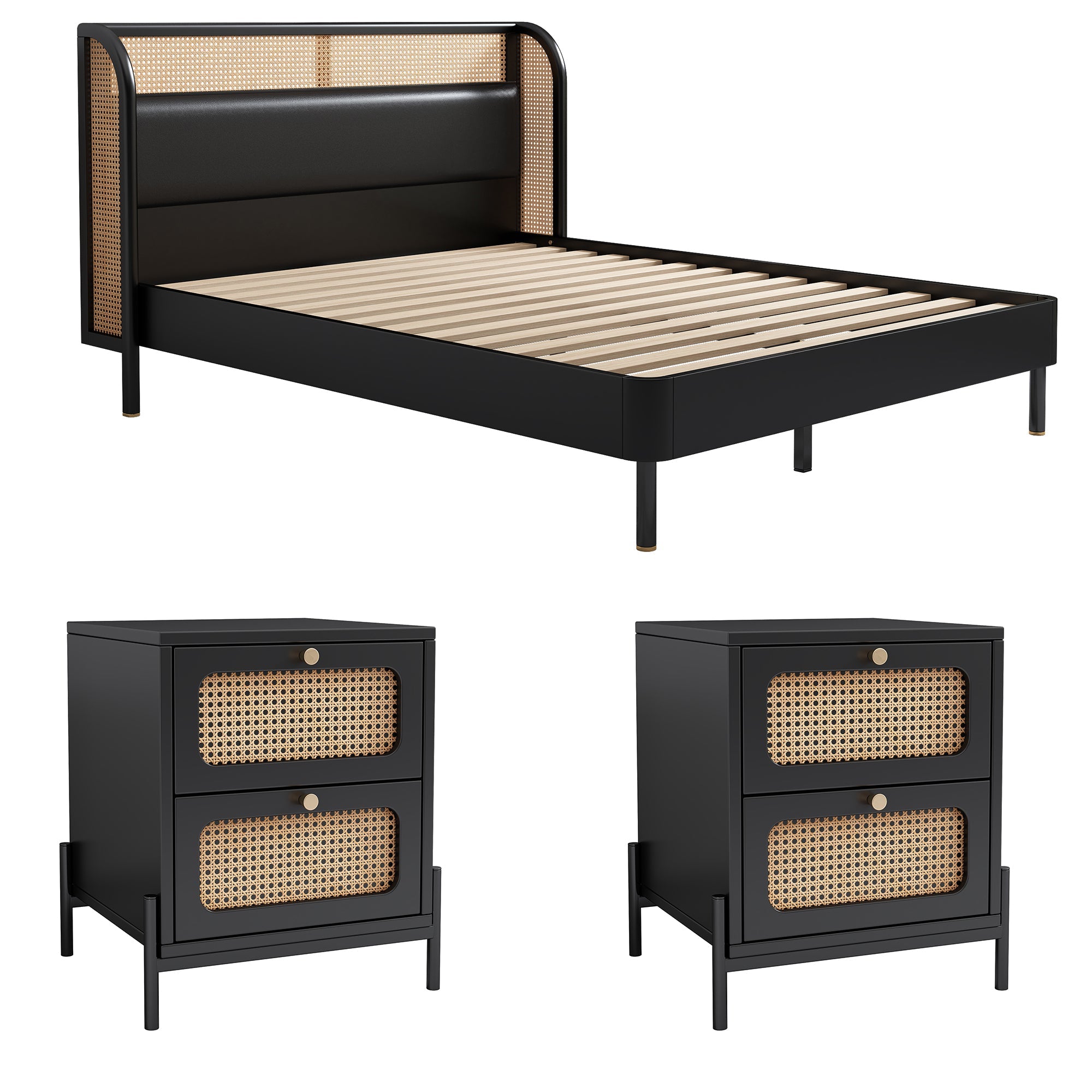 Yara 3 Pieces Modern Cannage Rattan Platform Queen Bed + Nightstands (2) Set