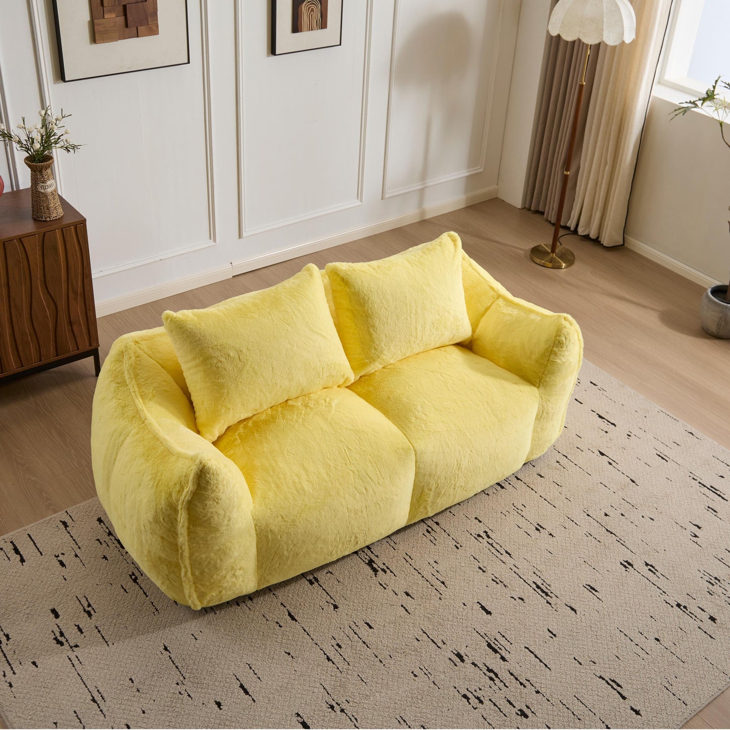 Giant Bean Bag Couch for Adults, Ultra Soft Fluffy Loveseat Bean Bag Sofa, Oversized Chase Lounge Chair Indoor for Living Room Bedroom, No Assembly Required Cozy Reading Chair with Pillows, Yellow