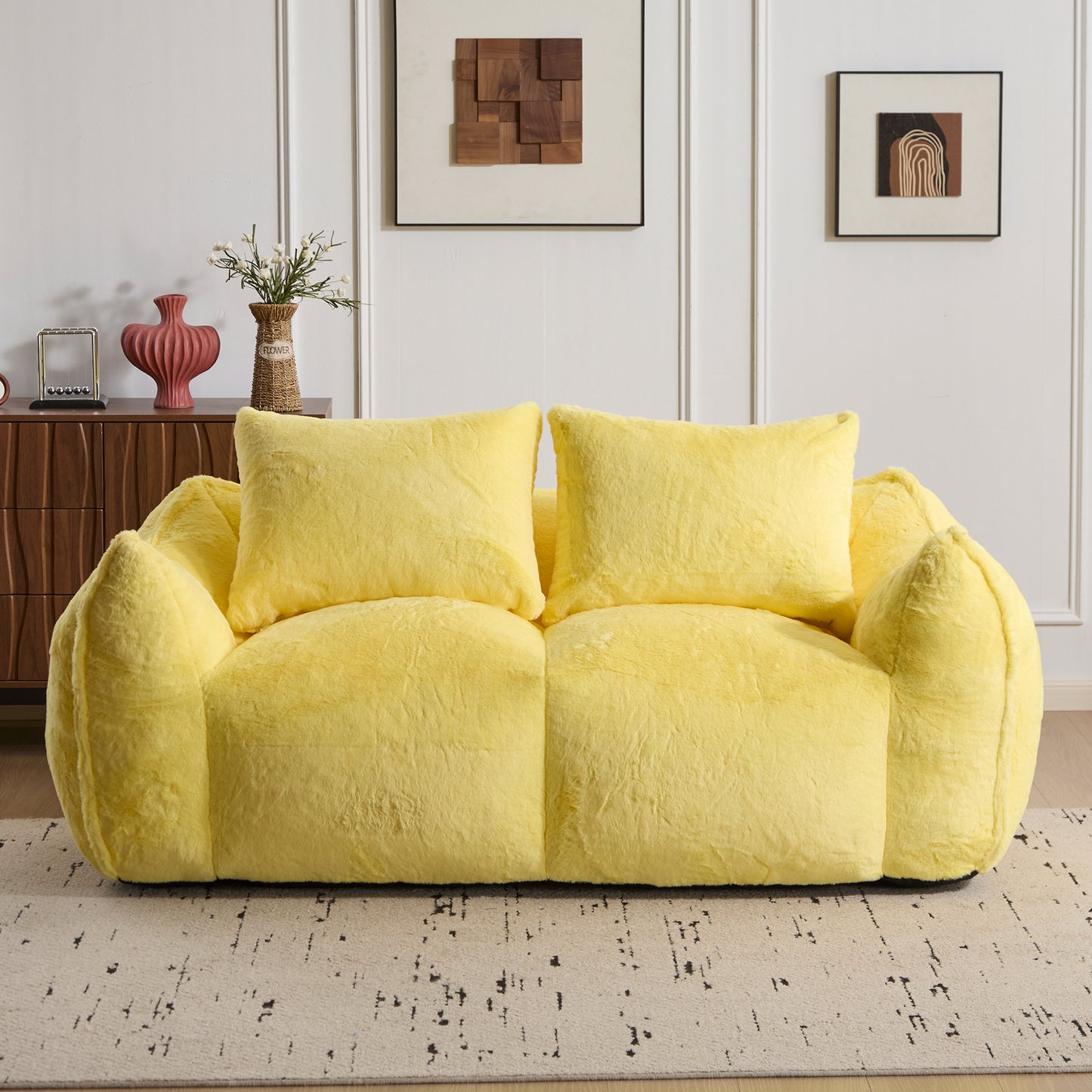 Giant Bean Bag Couch for Adults, Ultra Soft Fluffy Loveseat Bean Bag Sofa, Oversized Chase Lounge Chair Indoor for Living Room Bedroom, No Assembly Required Cozy Reading Chair with Pillows, Yellow