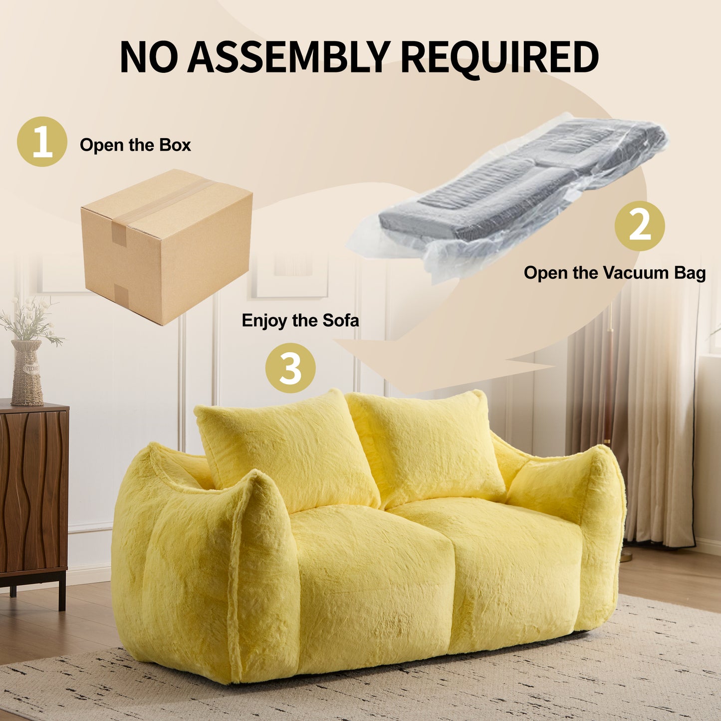 Giant Bean Bag Couch for Adults, Ultra Soft Fluffy Loveseat Bean Bag Sofa, Oversized Chase Lounge Chair Indoor for Living Room Bedroom, No Assembly Required Cozy Reading Chair with Pillows, Yellow