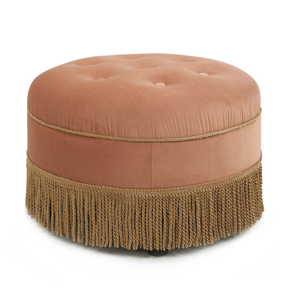 Yolanda 24' Round Upholstered Accent Ottoman, Peach Orange Velvet with Gold Trim