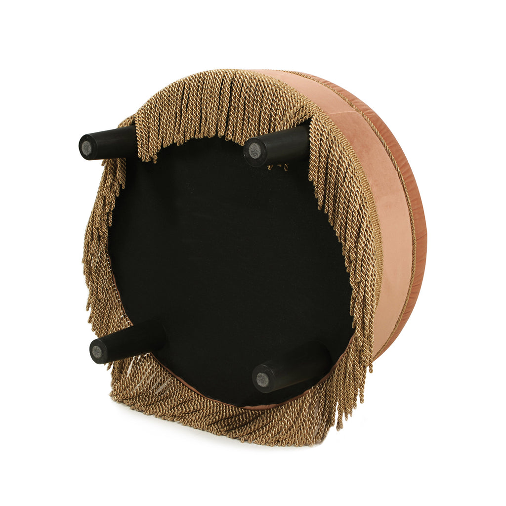 Yolanda 24' Round Upholstered Accent Ottoman, Peach Orange Velvet with Gold Trim