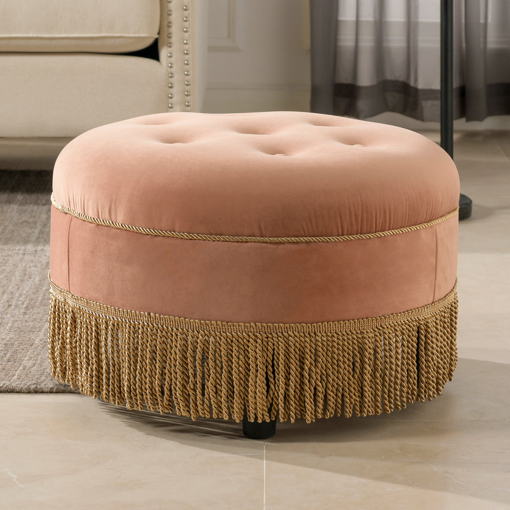 Yolanda 24' Round Upholstered Accent Ottoman, Peach Orange Velvet with Gold Trim
