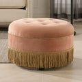 Yolanda 24' Round Upholstered Accent Ottoman, Peach Orange Velvet with Gold Trim