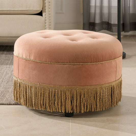 Yolanda 24' Round Upholstered Accent Ottoman, Peach Orange Velvet with Gold Trim