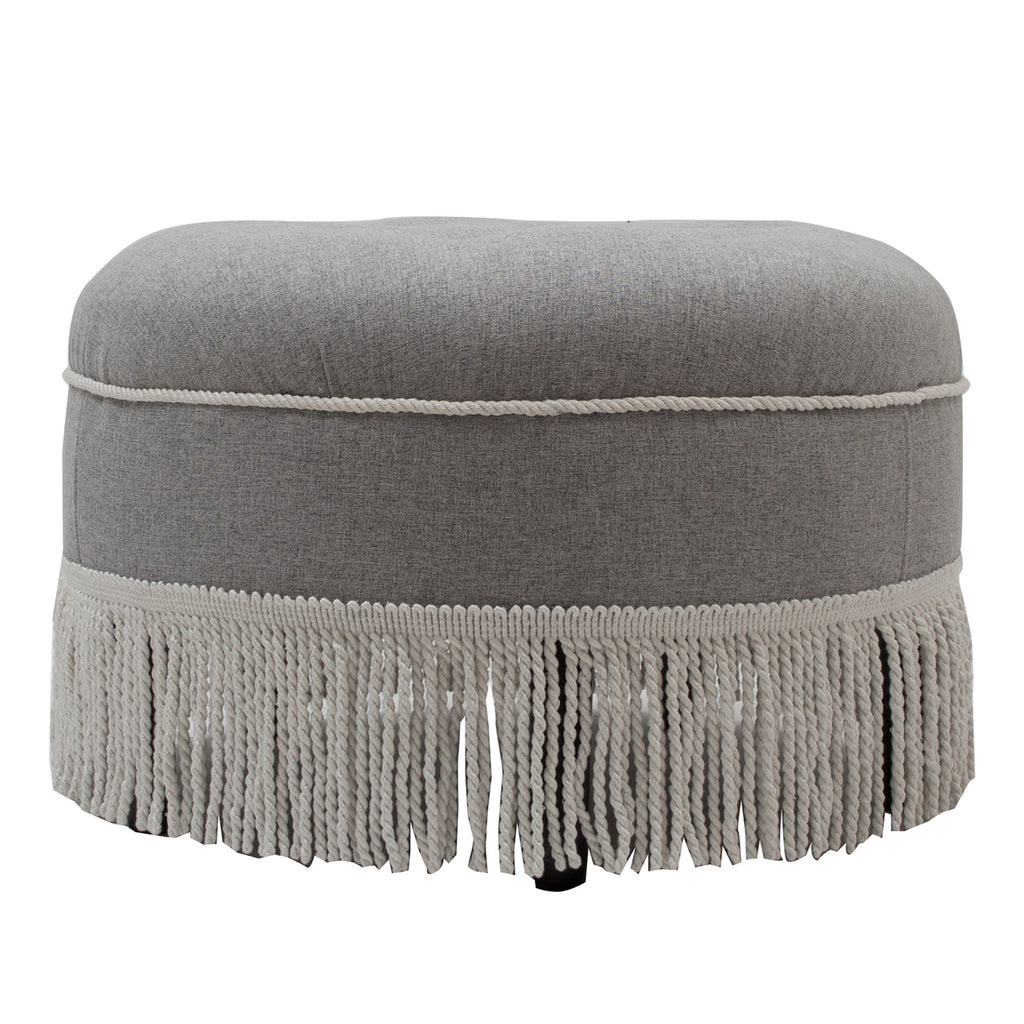 Yolanda 24' Round Upholstered Accent Ottoman, Light Gray Polyester with Ivory Trim