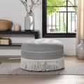 Yolanda 24' Round Upholstered Accent Ottoman, Light Gray Polyester with Ivory Trim