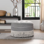 Yolanda 24' Round Upholstered Accent Ottoman, Light Gray Polyester with Ivory Trim