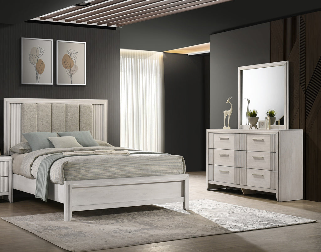 Modern bedroom setup featuring Contemporary 6-Drawer Dresser with mirror in mist white, complementing a neutral-toned bed and decor.