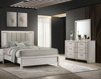 Modern bedroom setup featuring Contemporary 6-Drawer Dresser with mirror in mist white, complementing a neutral-toned bed and decor.