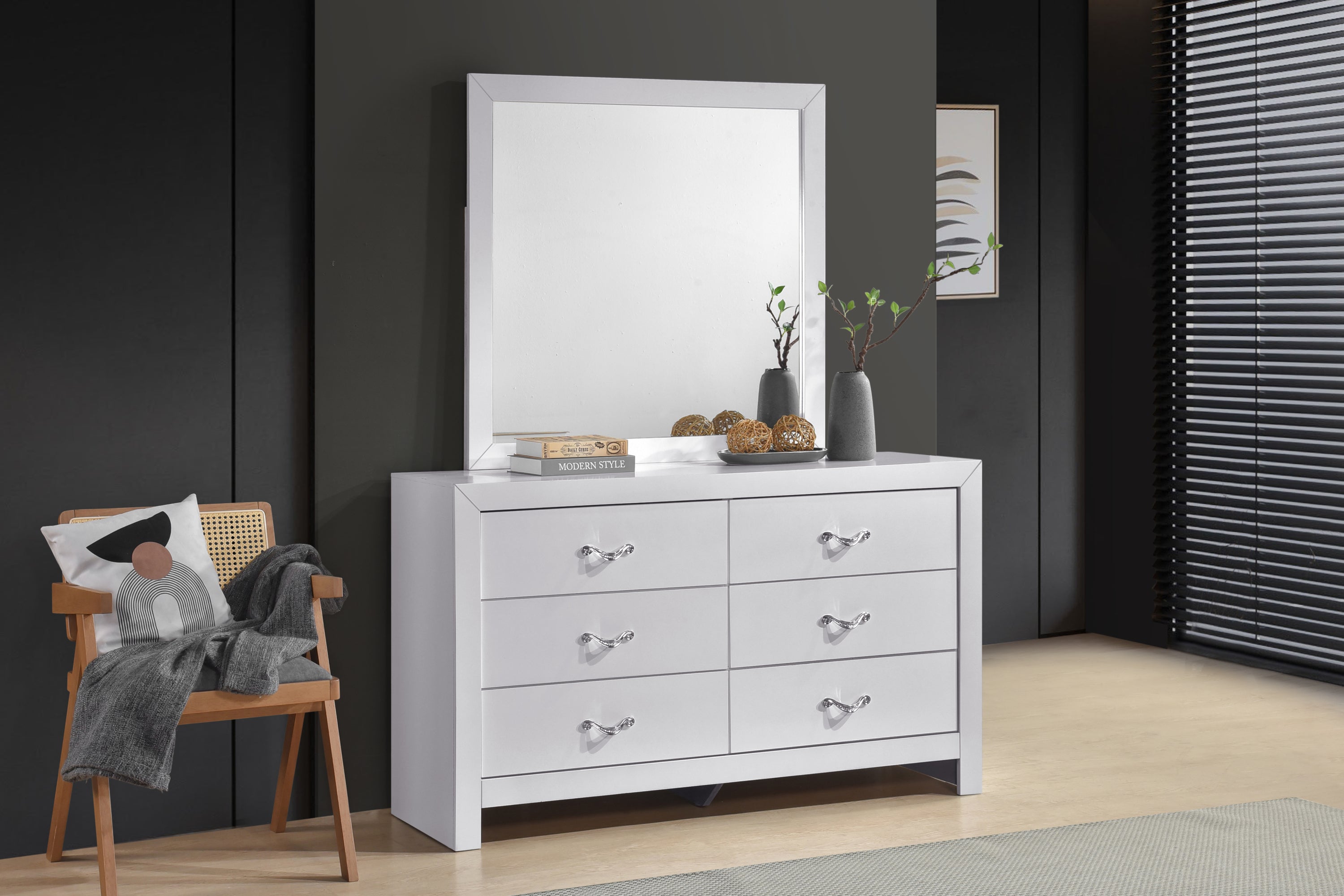 Moreland 58-Inch 6-Drawer White Wood Dresser with Chrome Handles